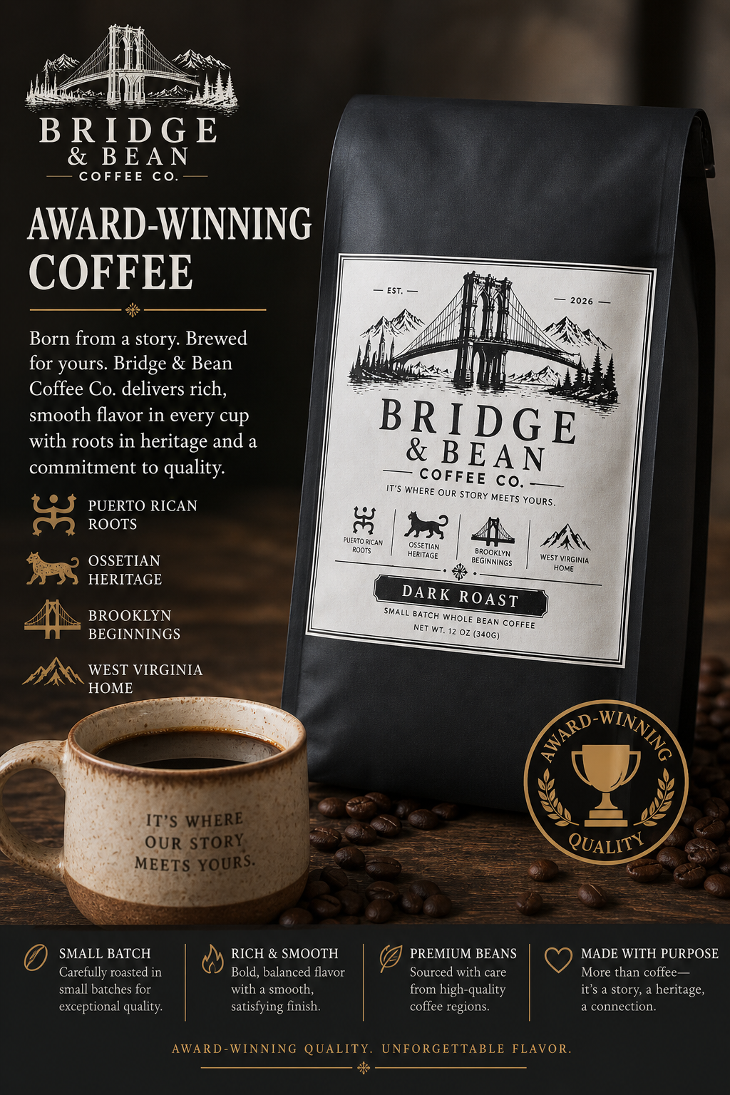 Award-winning dark roast coffee small batch whole bean