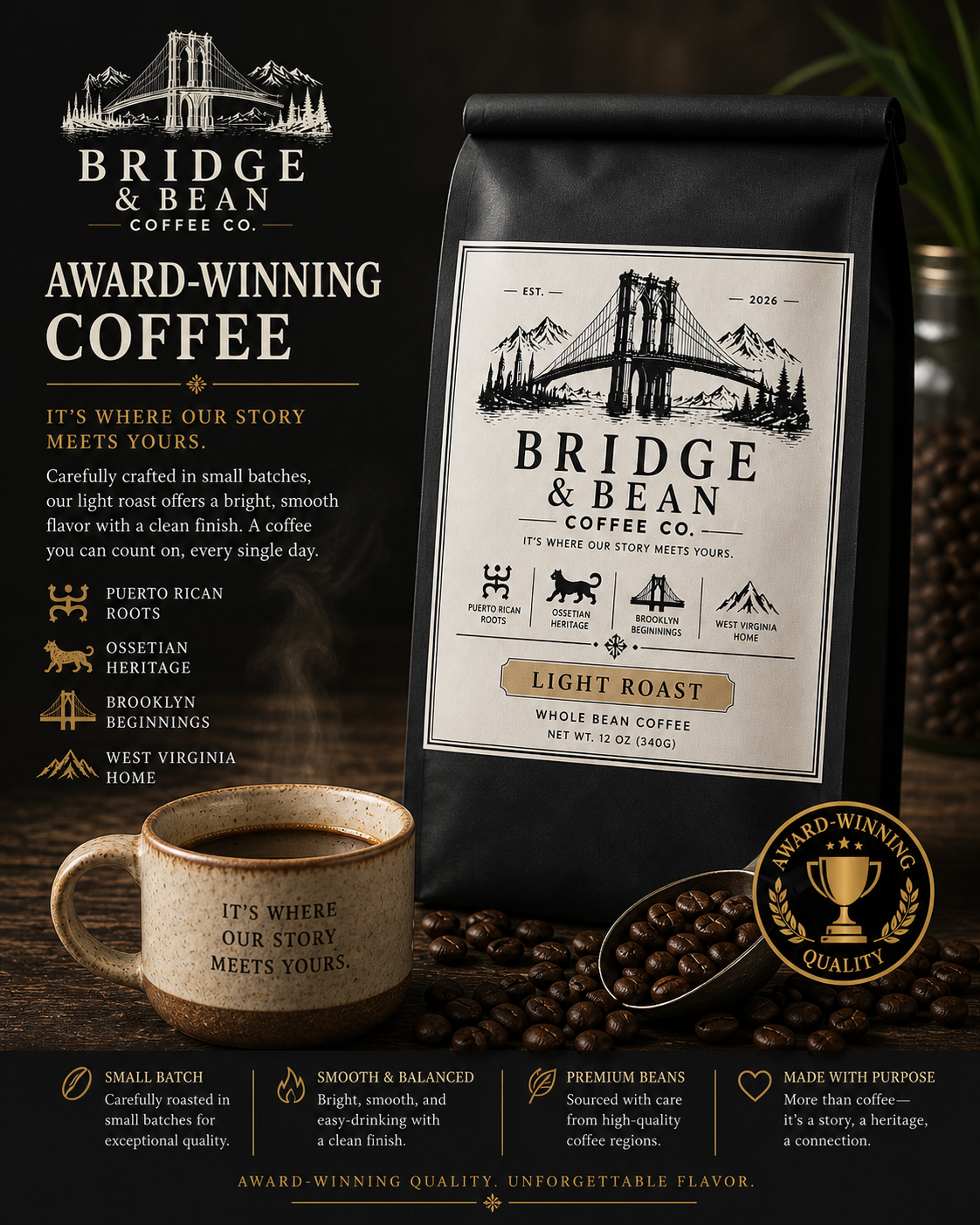 Award-winning  Light roast coffee small batch whole bean