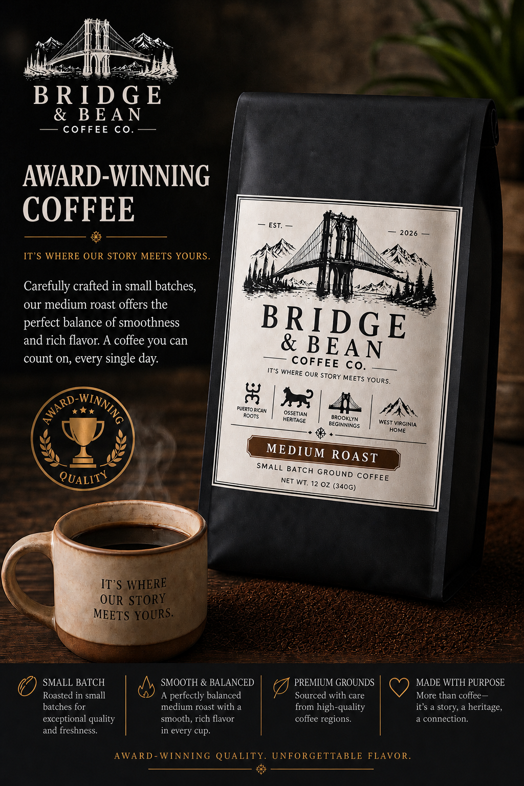 Award-winning medium roast coffee small batch grounds