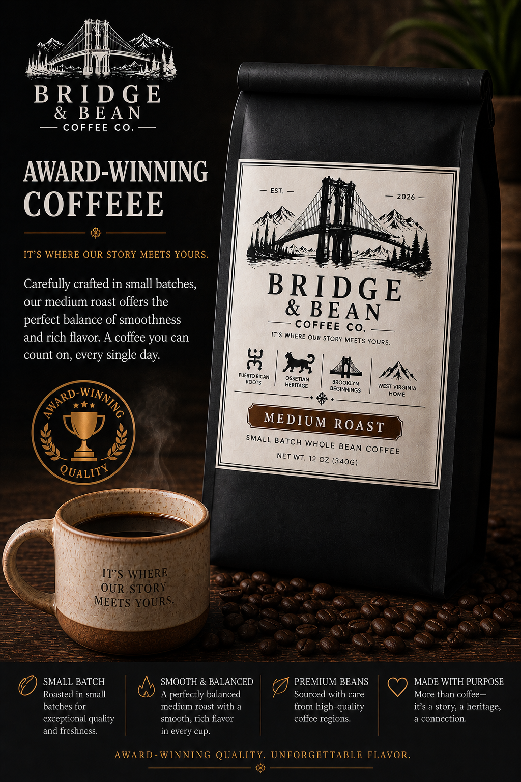 Award-winning Medium roast coffee small batch whole bean